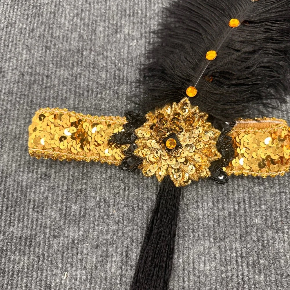 Flapper Headband Halloween Women One Size Sequin Feather Tassel Gold Black 1920s